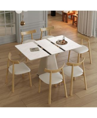 Retractable Rock Slab Dining Table Set, 7-Piece Expandable Table with 6 Chairs & Leather Base