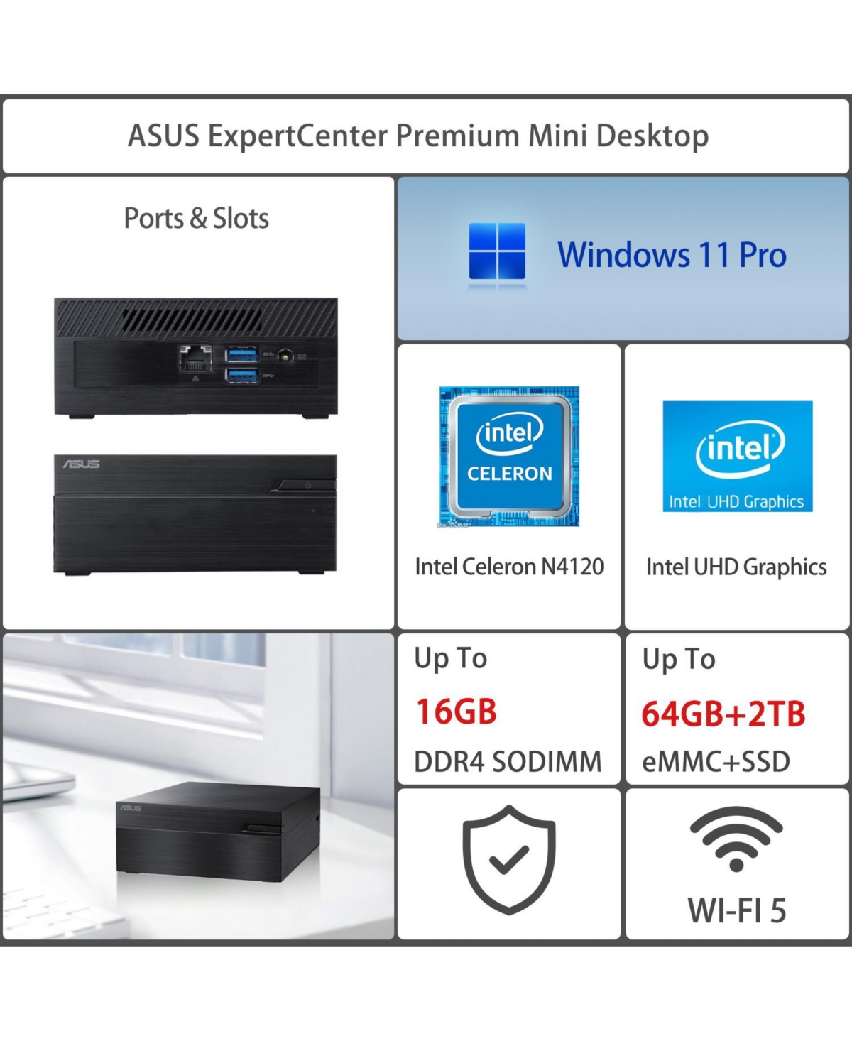 Asus Expert Center Mini Desktop Intel Celeron 16GB Ram Intel Uhd Graphics 64GB eMMC + 512GB Ssd Storage Windows 11 Pro