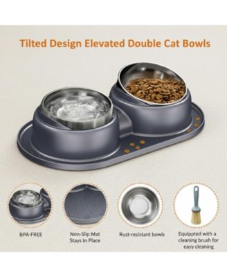 Elevated Stainless Steel Tilted Anti Vomiting Non Spill Cat And Dog Bowls with Mat