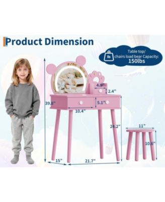 Kids Wooden Vanity Table and Chair Set with Touch Control Lighted Mirror and Drawers