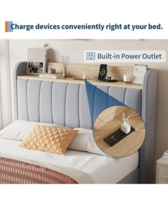 Bed Frame Upholstered With Storage Headboard Drawers Charging Platform Bed Wooden Slats