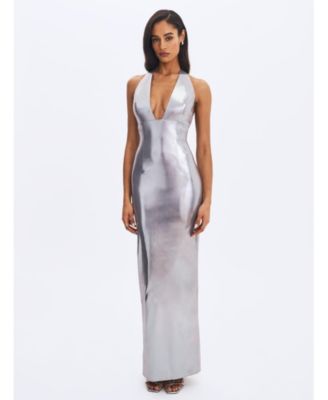 Women's Valeska Silver Foil Plunging Sheath Maxi Dress