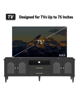  68.9" Retro TV Stand - Fluted Glass Doors, Wood Legs