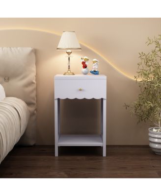 Modern Nightstand with Drawer and Open Shelf, Scalloped Edge Bedside Table