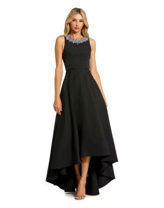 Petite Black Crepe Embellished Neck High Low Gown