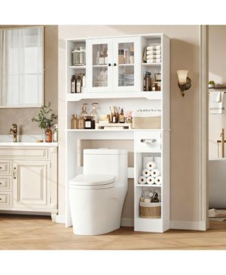 Over Toilet Storage Cabinet 2 Glass Doors Paper Holder Adjustable Shelves Bathroom Laundry