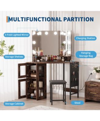 Corner Makeup Vanity Desk with LED Lighted Mirror, Storage Cabinet and Charging Station