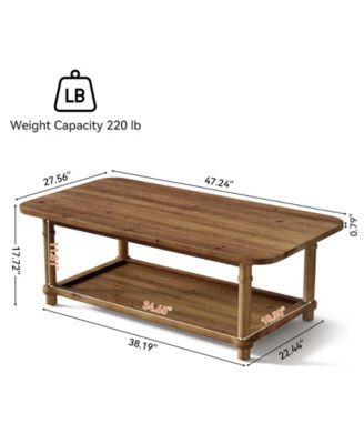 47" Rectangle Coffee Table, Solid Wood Center Table with 2-Tier Storage