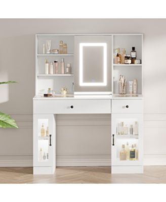 Large Makeup Vanity Desk with 3-Color LED Sliding Mirror, Drawers and Power Outlets