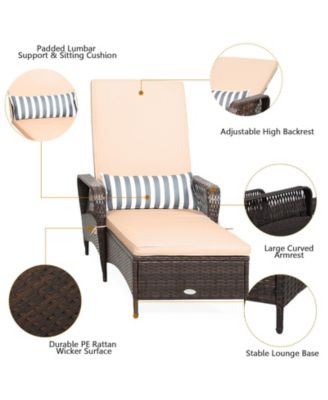 Set of 2 PE Rattan Chaise Lounge Chair Armrest Recliner Adjustable Pillow
