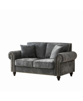 63" Modern 2-Seater Chenille Sofa, Rolled Arms, Nailhead Trim