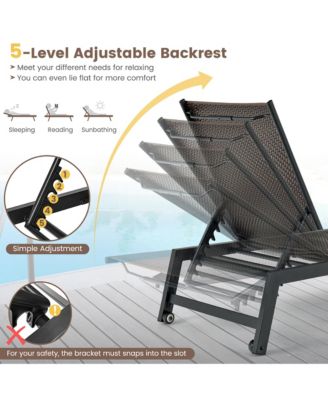 2PCS Patio PE Rattan Chaise Lounge Outdoor Recliner w/ 5-Level Backrest Backyard Poolside