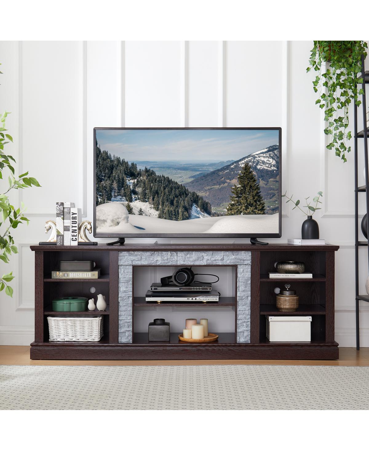 Streamdale Furniture Faux Stacked Stone Tv Stand & Media Console w/ Storage Cabinet - Cherry