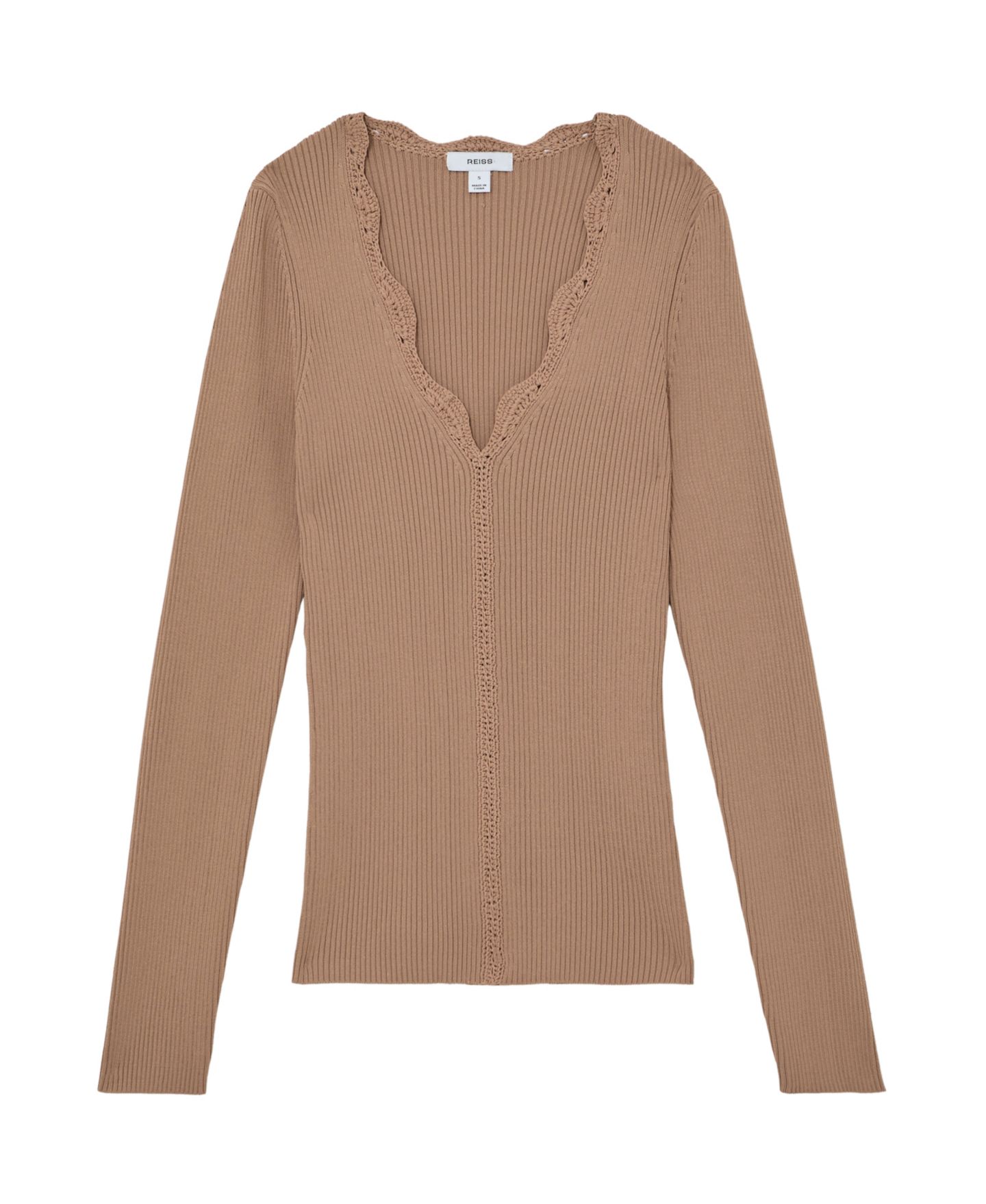 Женский топ REISS Lara Crochet-Trim Rib-Knit, цвет: Серо-коричневый нейтральный — фото 5