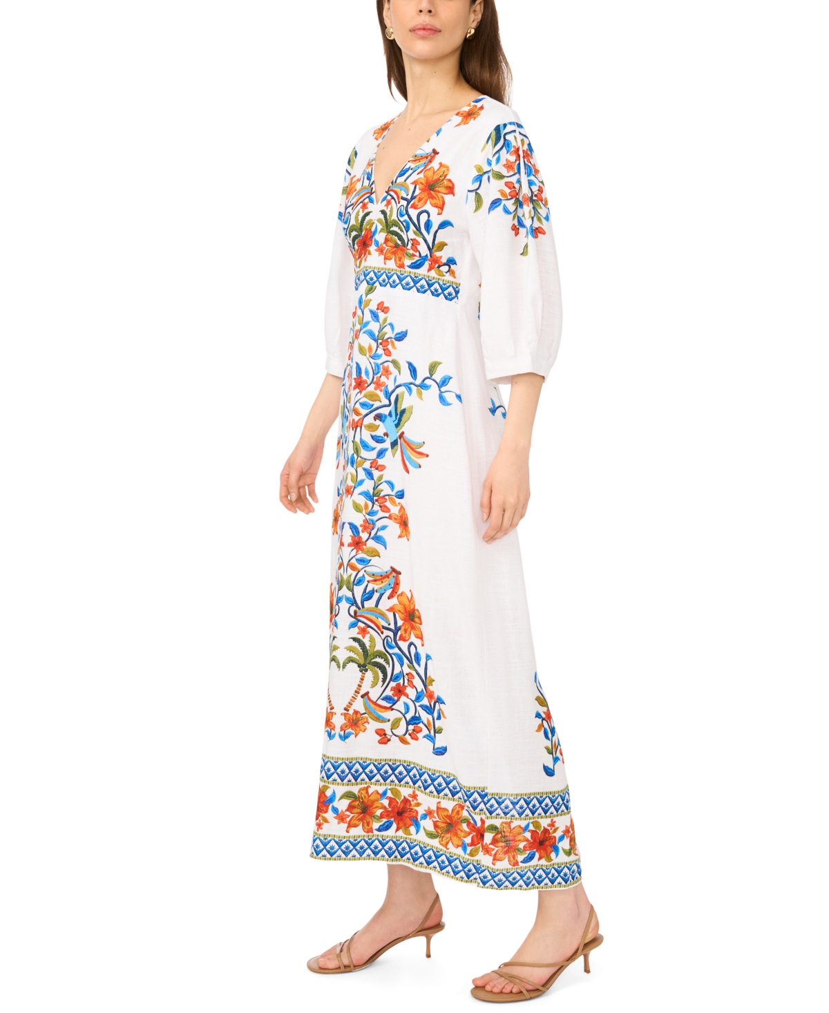 Msk Women's Arc-Sleeve Knot Front V-Neck Midi Dress