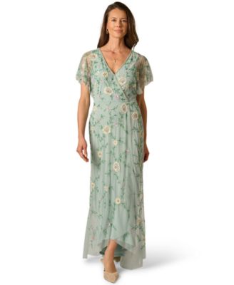 Women's Bead Flutter-Sleeve Midi Mesh Dress