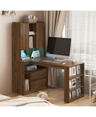 L-Shaped Desk with Drawers, LED Light, Bookshelf, Modern Corner Desk