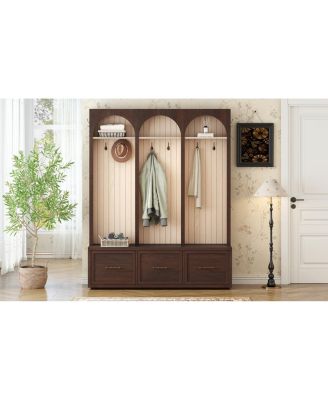  Farmhouse Arched Hall Tree Bench with Drawers
