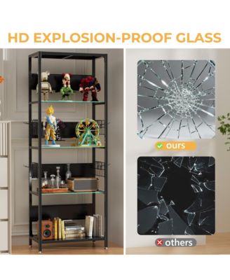 Glass Display Shelf with RGB LED Lights - 4-Tier Curio Cabinet with Adjustable Storage Box, Hooks, Metal Frame Standing Shelf for Living Room