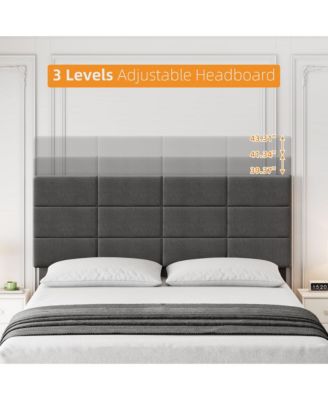 Full Bed Frame Adjustable Headboard Linen Upholstered Wood Slats No Box Spring Noise Free Minimalist