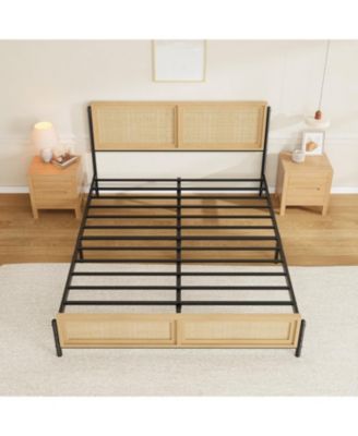 Bed Frame with Rattan Headboard & Footboard, Boho Wooden Platform Bed, No Box Spring Needed, Noise-Free, Easy Assembly
