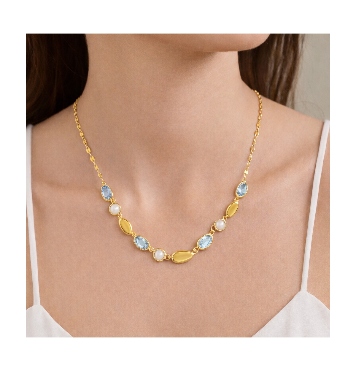 Simona Sterling , Round Mop & Oval Sky Topaz Gem w/Mirror Chain Necklace