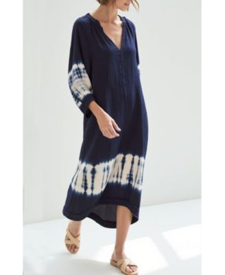 Women's Ocean+main Tie Dye V-Neck Cotton Gauze 3/4 Sleeve Dress with Pockets