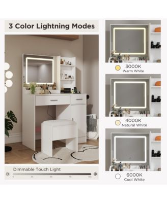 Makeup Vanity Table with LED Light Mirror, Charging Station, 2 Drawers and Storage Cabinet, Dressing Table Set with Stool for Bedroom