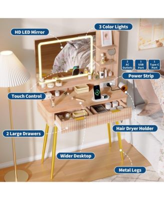 31" Mid-Century Modern Makeup Vanity Desk with Lighted Mirror, 2 Drawers and Cabinet