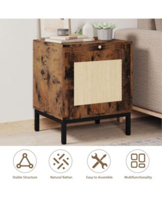 Modern Farmhouse Rattan Nightstand with Tray and Storage Shelf