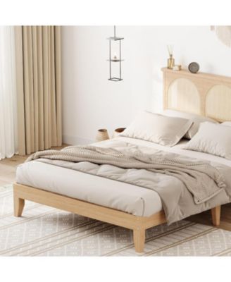 Bed Frame With Headboard Farmhouse Platform Bed LED Wooden Slats No Box Spring Durable