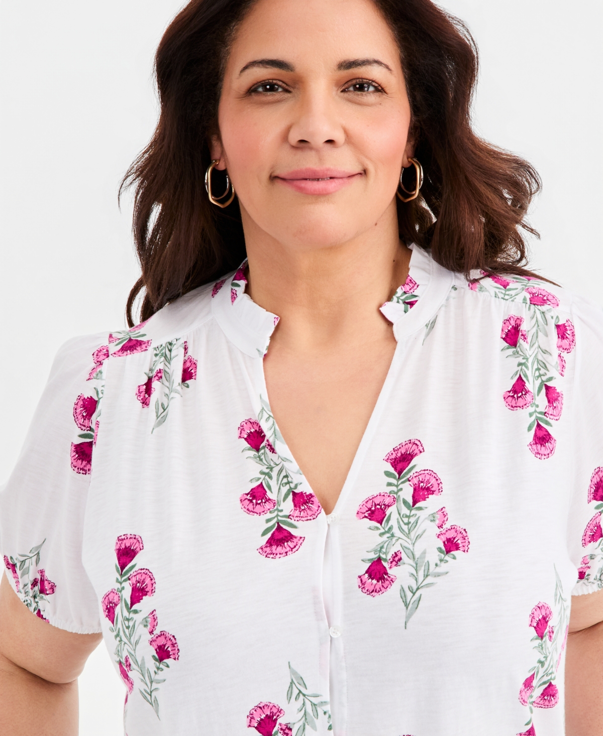 Style & Co Plus Puff-Sleeve Split-Neck Knit Top, Macy's Exclusive