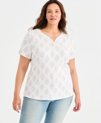 Plus Size Printed Short-Sleeve Henley Top
