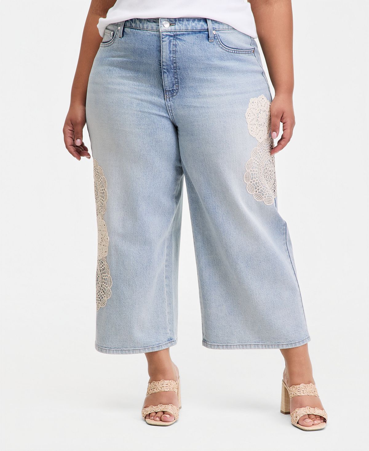On 34th Trendy Plus Size Wide-Leg Doily-Accent Jeans view 2 — MAYCSS fashion products