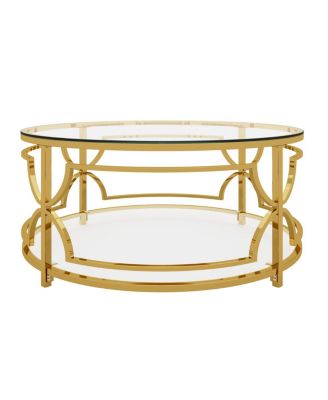 Round Tempered Glass Coffee Table, 30.7" ,Geometric Metal Frame