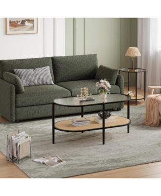 Boho Oval 2-Tier Rattan Coffee Table with Water-Wave Tempered Glass Top