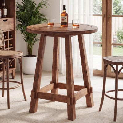 Square Bar Table, 3-Tier Wooden Pub Table with Storage Shelves, Walnut