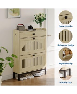 Shoe Storage Cabinet with 2 Flip Drawer, Shoes Organizer with with Top Drawer，Hollow Out Panel And Square Handles