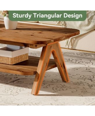 2-Tier Solid Wood Coffee Table, 47.2" Rustic Wooden Rectangular Center Table