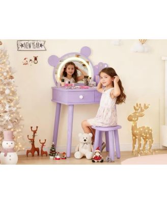 Kids Wooden Vanity Table and Chair Set with Touch Control Lighted Mirror and Drawers