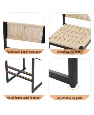 Paper Rope Woven Bar Stools Set of 2, 25'' Counter Height Chairs with Back, Footrest for Kitchen Island, Home Pub