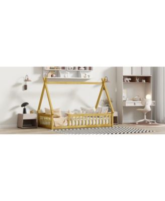 Tent-shaped Floor Bed,Teepee Bed with Guardrails, Slats