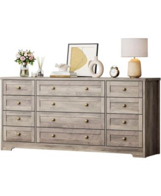 12 Drawers Wood Dressers for Bedroom, 63" Long Wooden Dresser for Living Room, Hallway, 16" Wide TV Stand Dresser for 65 Inch TV, Solid Wood