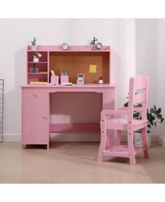 Kids Desk and Chair Set, Wooden Study Table with Storage Shelf, Bulletin Board, Children School Learning Desk Set, Writing Table