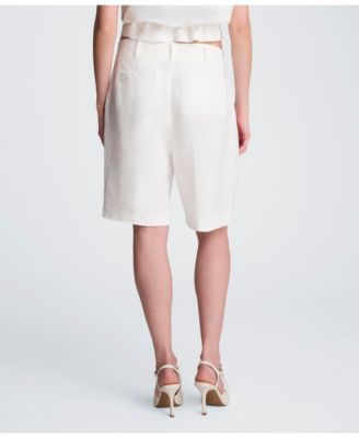  Women's High Rise Pleated Linen Blend Shorts