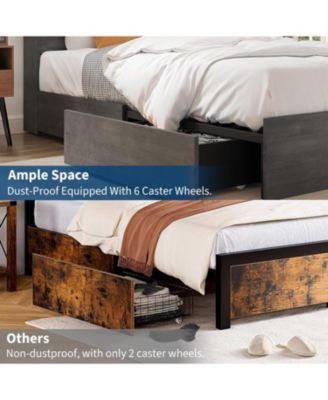 Full Bed Frame with Storage Bookcase Headboard & 4 Drawers, Wood Platform Bed with Charging Station,No Box Spring