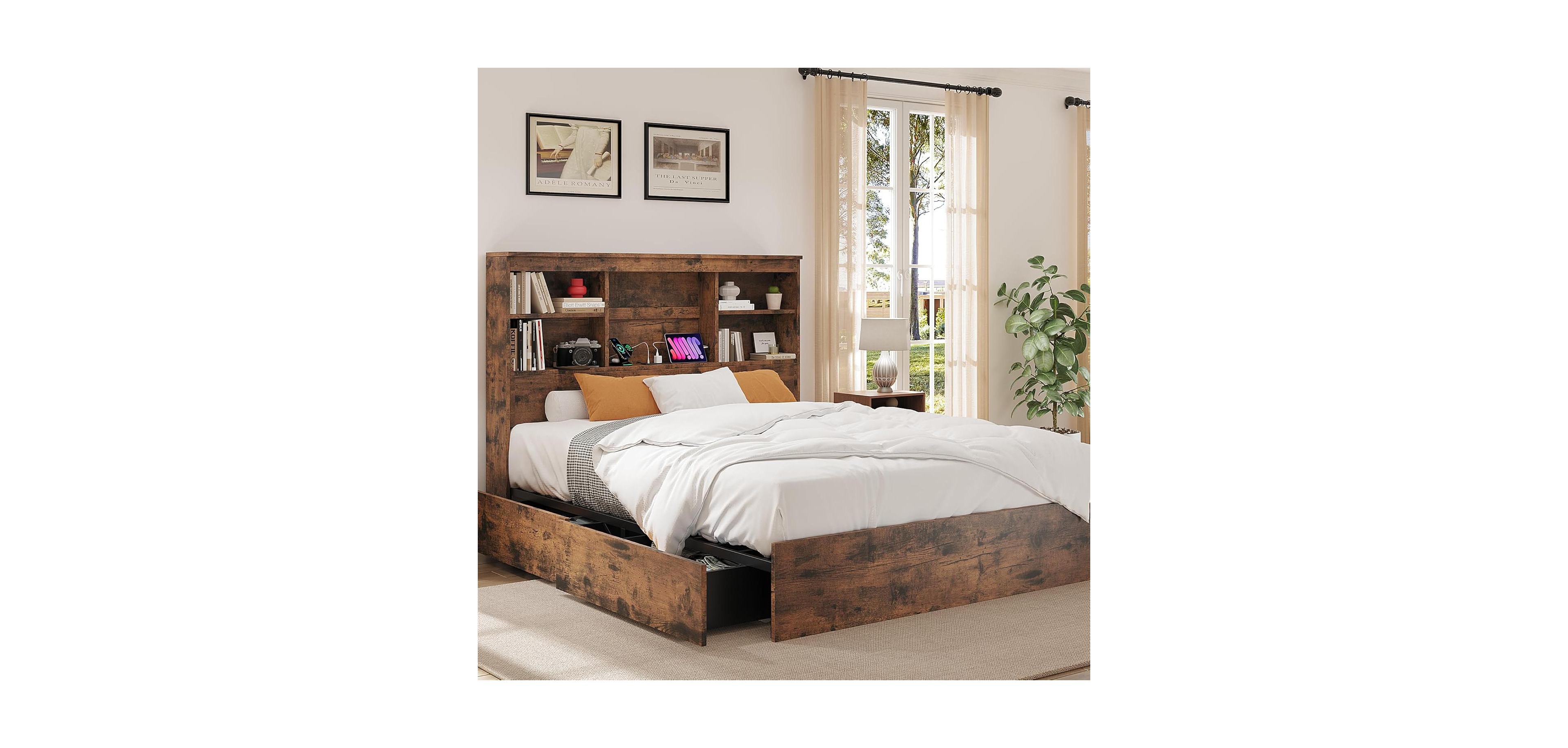 gaomon Queen Bed Frame with Storage Bookcase Headboard & 4 Drawers, Wood Platform Bed with Charging Station, No Box Spring