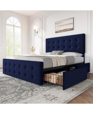 Platform Bed Frame with 4 Storage Drawers & Headboard, Faux Leather Upholstered, Button Tufted Design, Wooden Slats Support.
