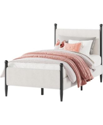 Twin Upholstered Bed Frame with Velvet Headboard, Corduroy Platform, Wood Slats