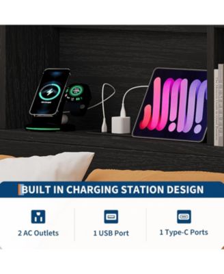 King Bed Frame with Storage Bookcase Headboard & 4 Drawers, Wood Platform Bed with Charging Station, No Box Spring